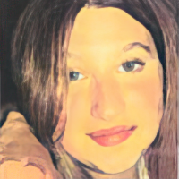 A digital portrait of a person with long brown hair and a slightly smiling expression. The background is dark.