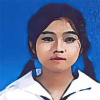 A digital painting of a person with black hair in pigtails, wearing a white collared shirt against a vivid blue background.